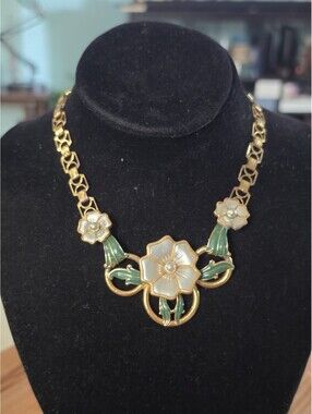 Rare Vintage Goldtone Floral Painted Necklace